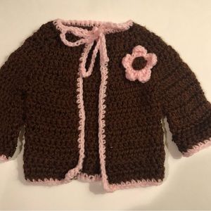 Baby Girls Brown with Pink Flower and Trim   Size 3-6M Hand Crochet